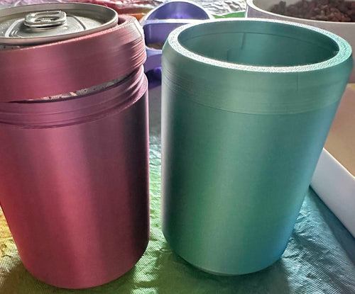 Papa Tee's Insulated Can Cooler Set in teal and magenta, fits 12 oz cans, keeps drinks cold.