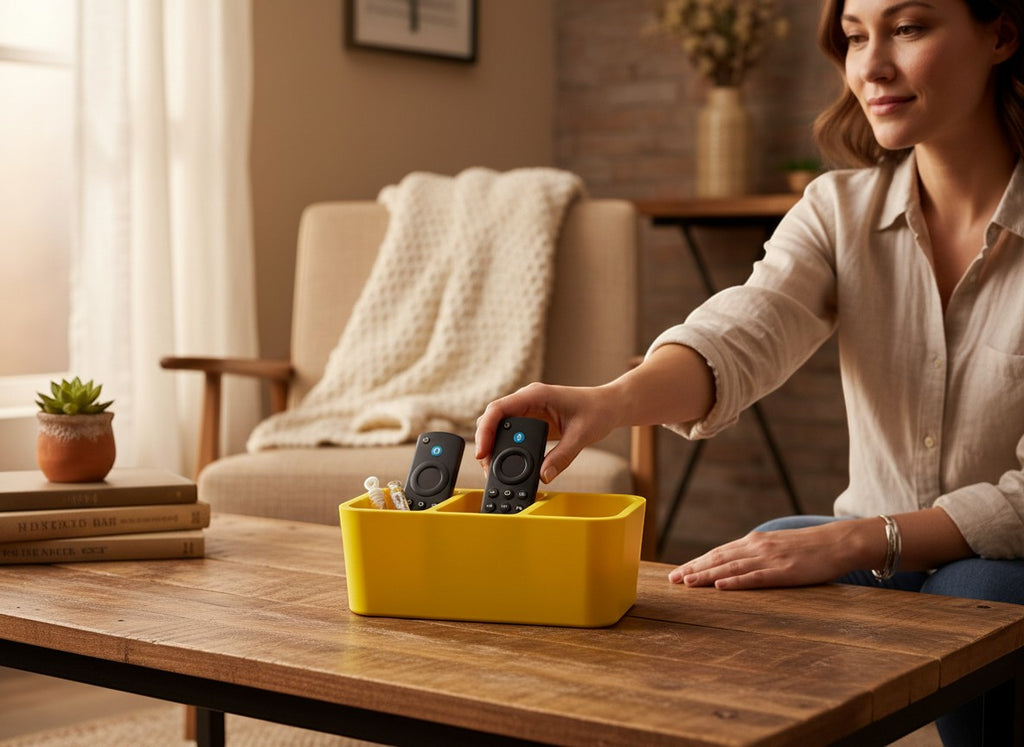 Papa Tee's vibrant yellow plastic remote control organizer with three compartments holding remotes and small accessories.