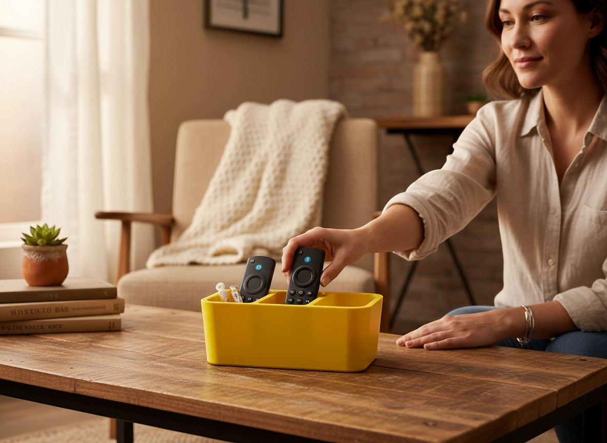 Papa Tee's vibrant yellow plastic remote control organizer with three compartments holding remotes and small accessories.