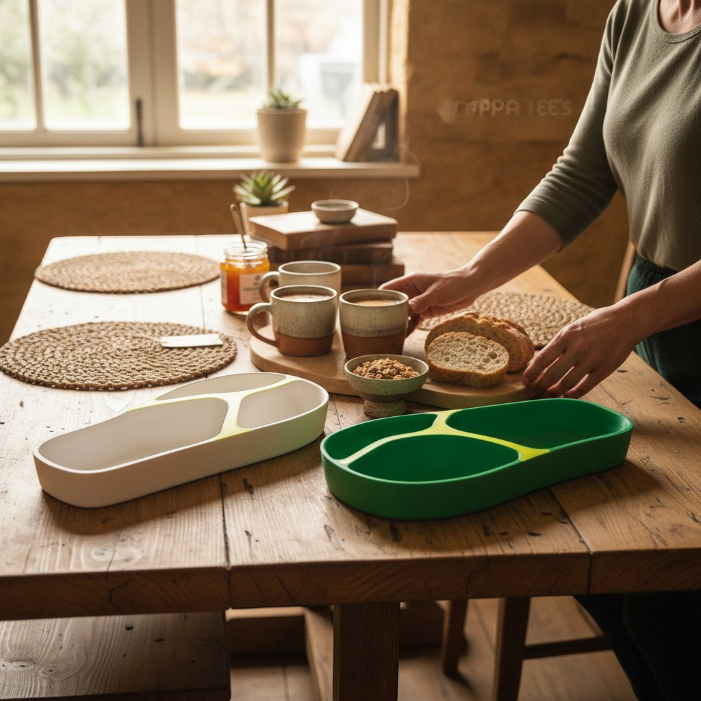 Papa Tee's green and white flip-flop shaped serving trays with neon yellow accents on a wooden table.