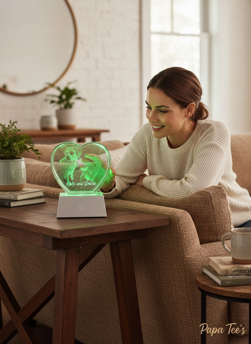 Papa Tee's heart-shaped crystal display with 3D engraved pets and green LED base.