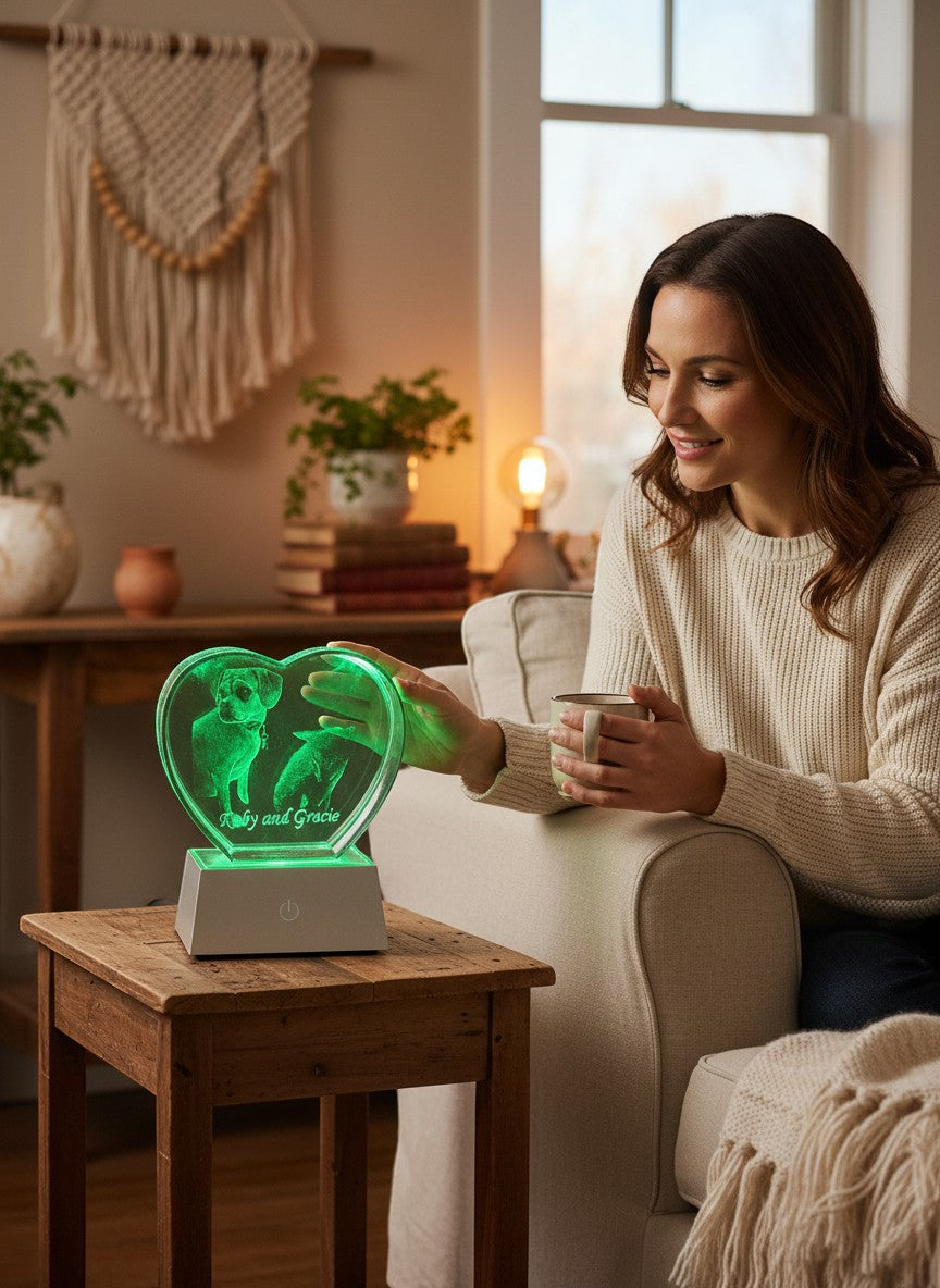 Papa Tee's heart-shaped crystal display with 3D engraved pets, illuminated by a green LED base.
