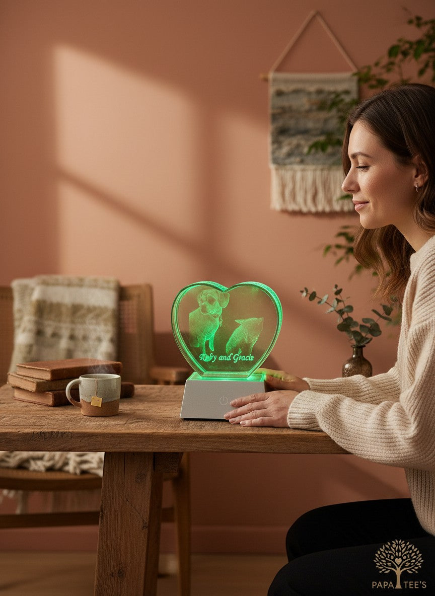Papa Tee's heart-shaped crystal display with 3D engraved pets, illuminated by a green LED base.