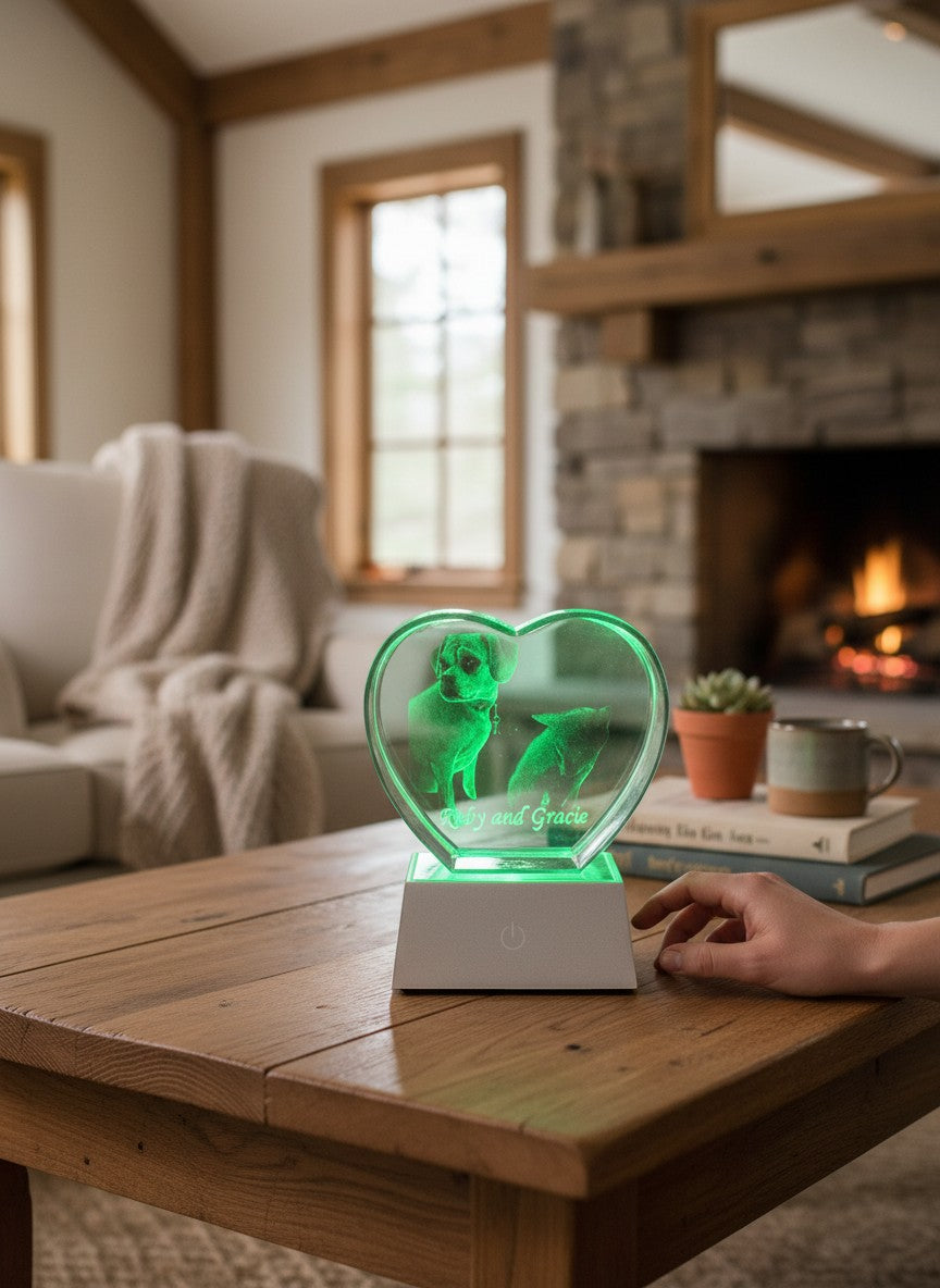 Papa Tee's heart-shaped crystal display with 3D engraved pets and green LED light base.
