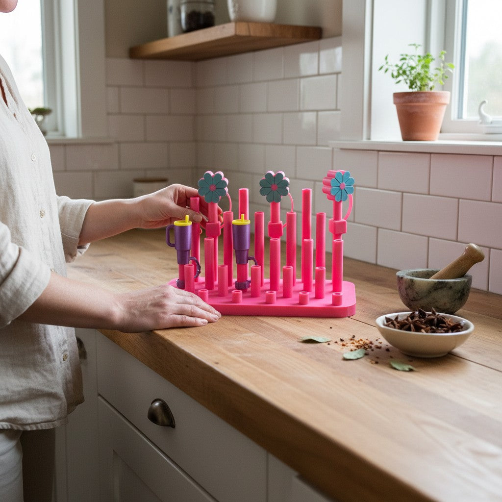 Papa Tee's pink baby bottle drying rack with flower accents, purple cups, and blue details. Holds baby feeding accessories.
