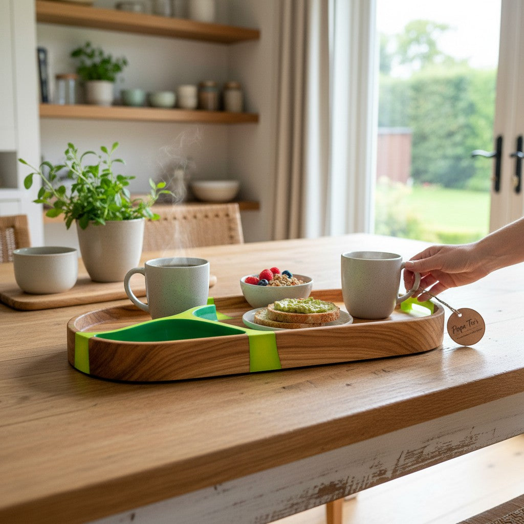Papa Tee's wooden breakfast tray with green accents, holding coffee mugs, avocado toast, and a bowl of berries.