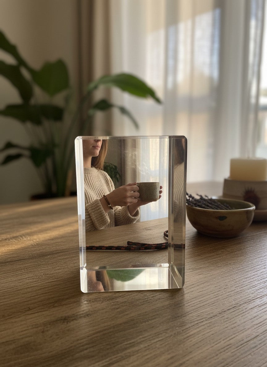 Papa Tee's clear crystal block reflecting a woman in a beige sweater holding a steaming mug.