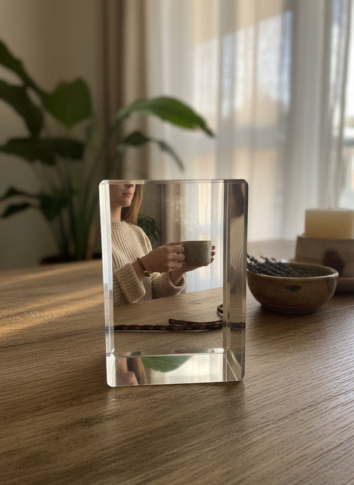 Papa Tee's clear crystal block reflecting a woman in a beige sweater holding a steaming mug.