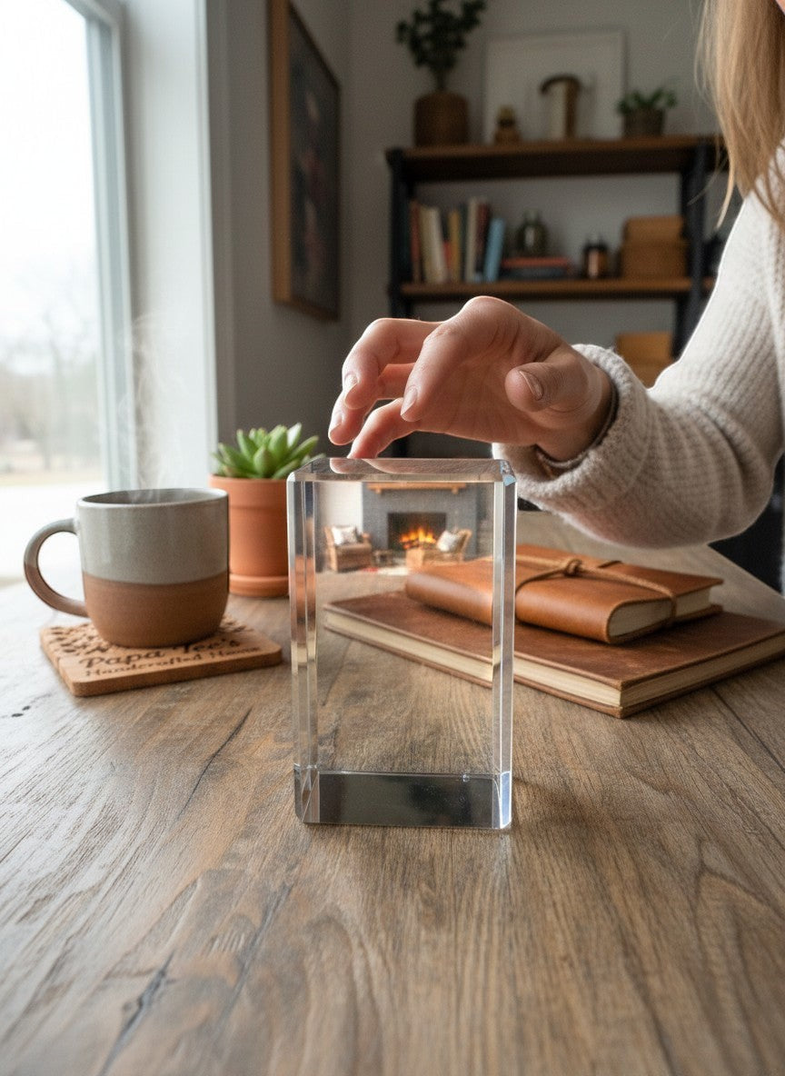 Papa Tee's clear acrylic block with metal base reflecting a cozy fireplace scene, on a wooden desk with a mug and journal.