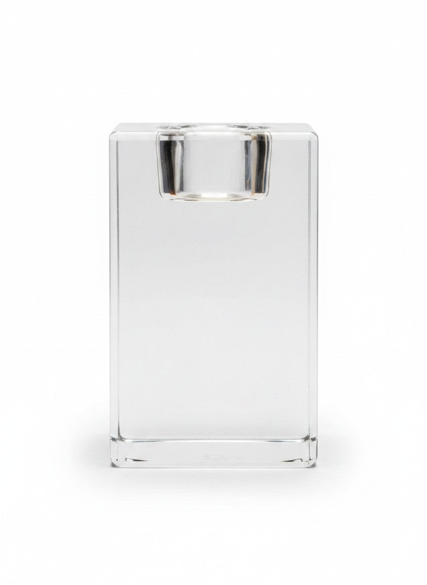 Papa Tee's clear glass rectangular candle holder with a single taper candle socket.