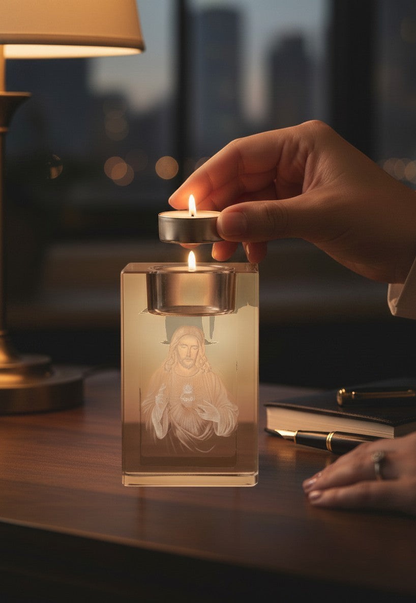 Papa Tee's small crystal keepsake with 2.5D engraving of Jesus, holding a tea light candle.