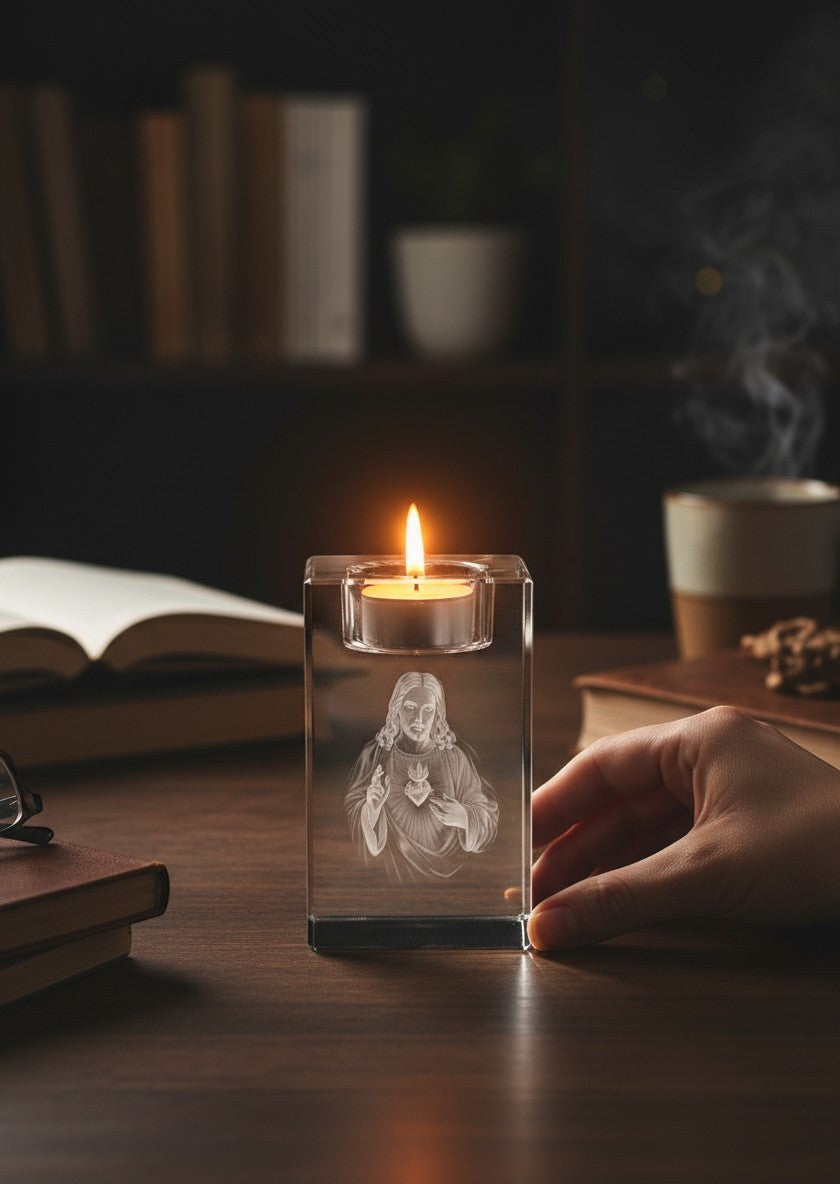 Papa Tee's clear crystal votive holder with engraved image of Jesus Christ's Sacred Heart.