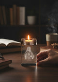 Papa Tee's clear crystal votive holder with engraved image of Jesus Christ's Sacred Heart.