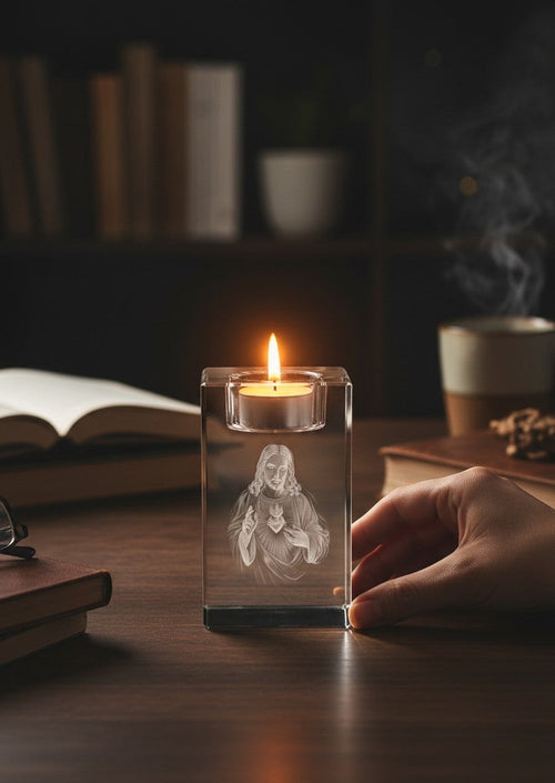 Papa Tee's clear crystal votive holder with engraved image of Jesus Christ's Sacred Heart.