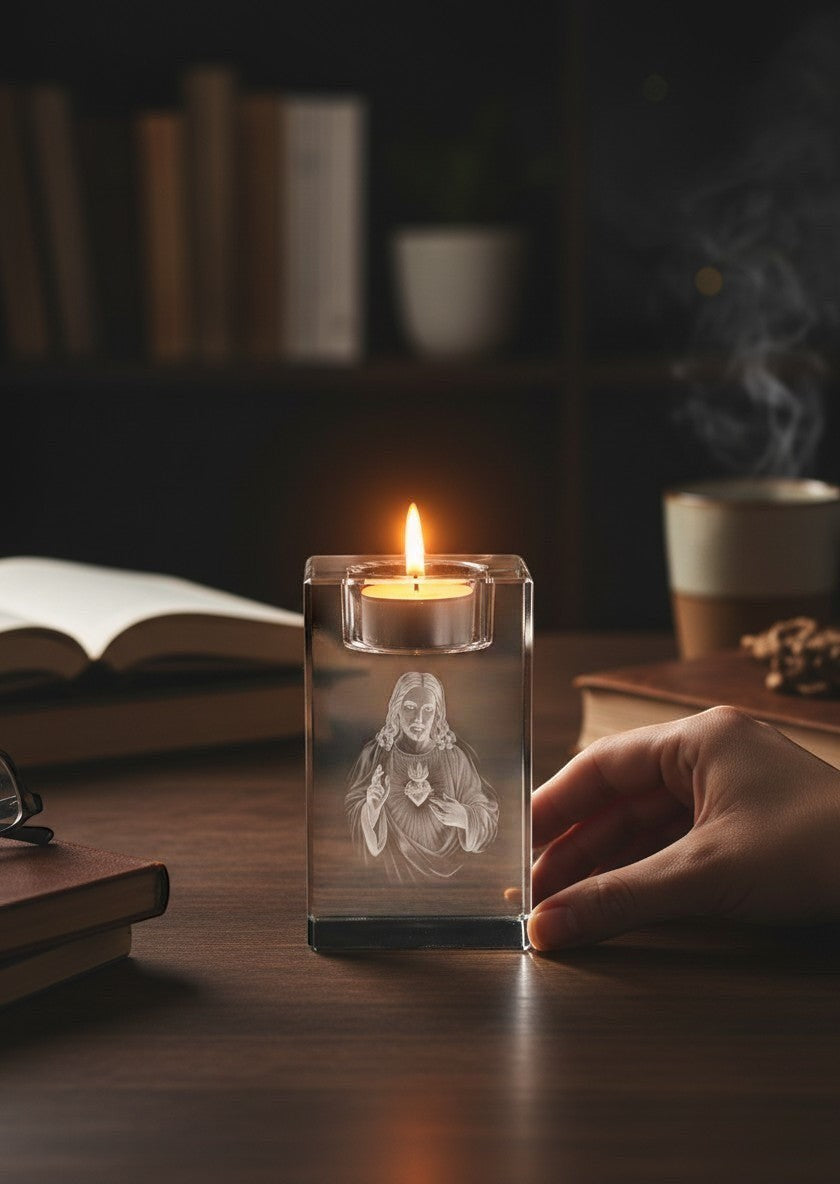 Papa Tee's clear crystal votive holder with engraved image of Jesus Christ's Sacred Heart.