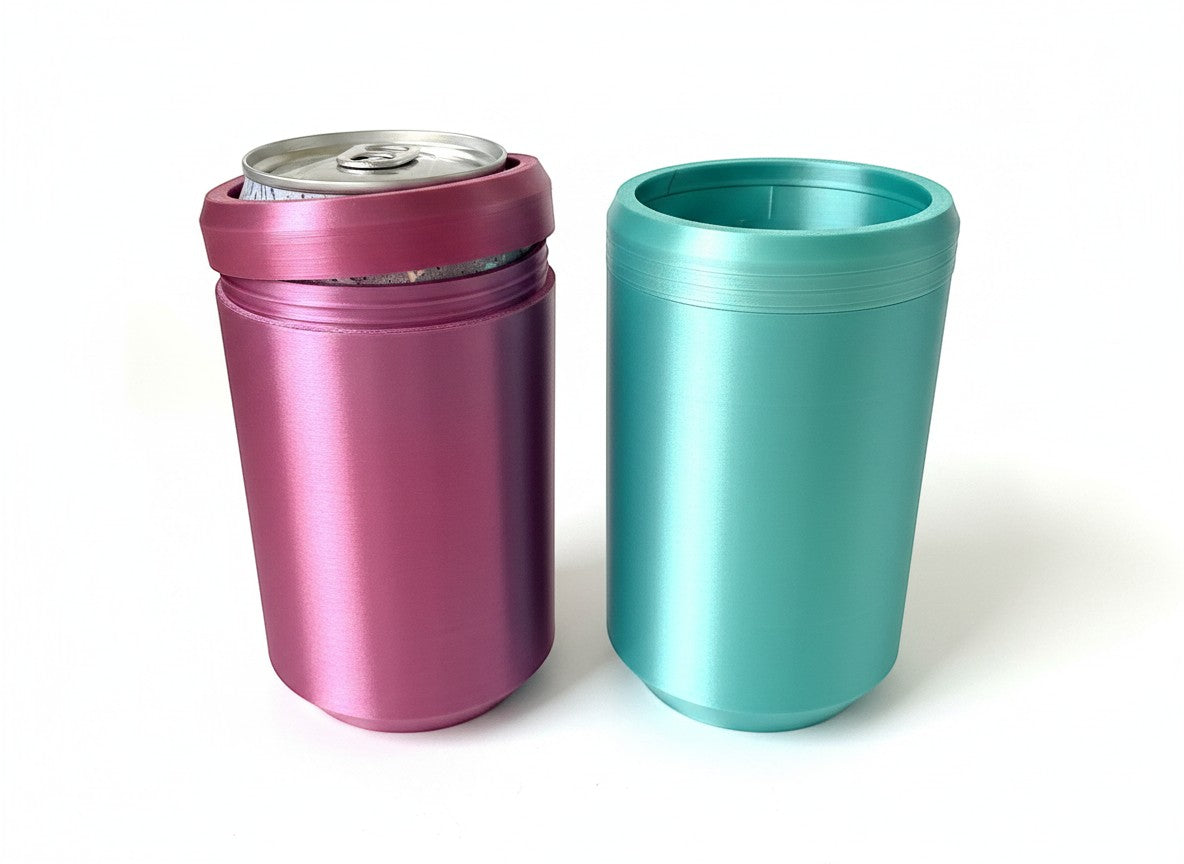 Papa Tee's Insulated Can Coolers in teal and magenta, designed for 12 oz cans, with a matte finish.