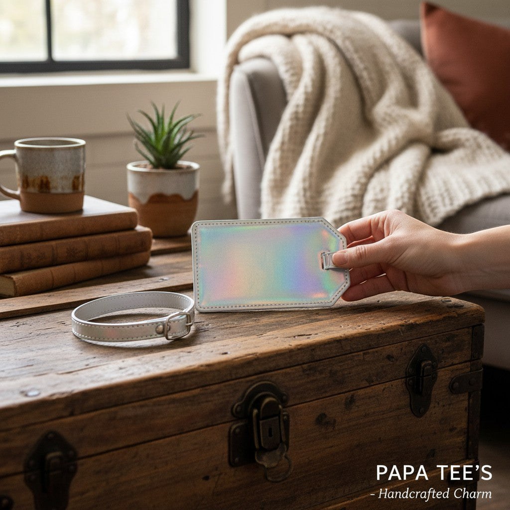 Papa Tee's iridescent luggage tag set with strap, holographic design, pastel color shift, clear ID slot, and buckle closure.