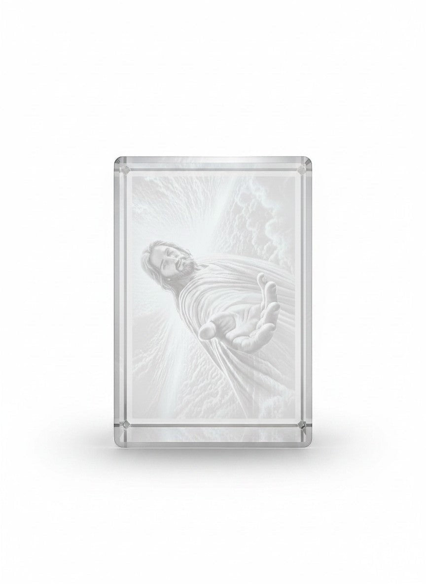 Papa Tee's crystal block featuring Jesus with outstretched hand, divine light, and clouds.