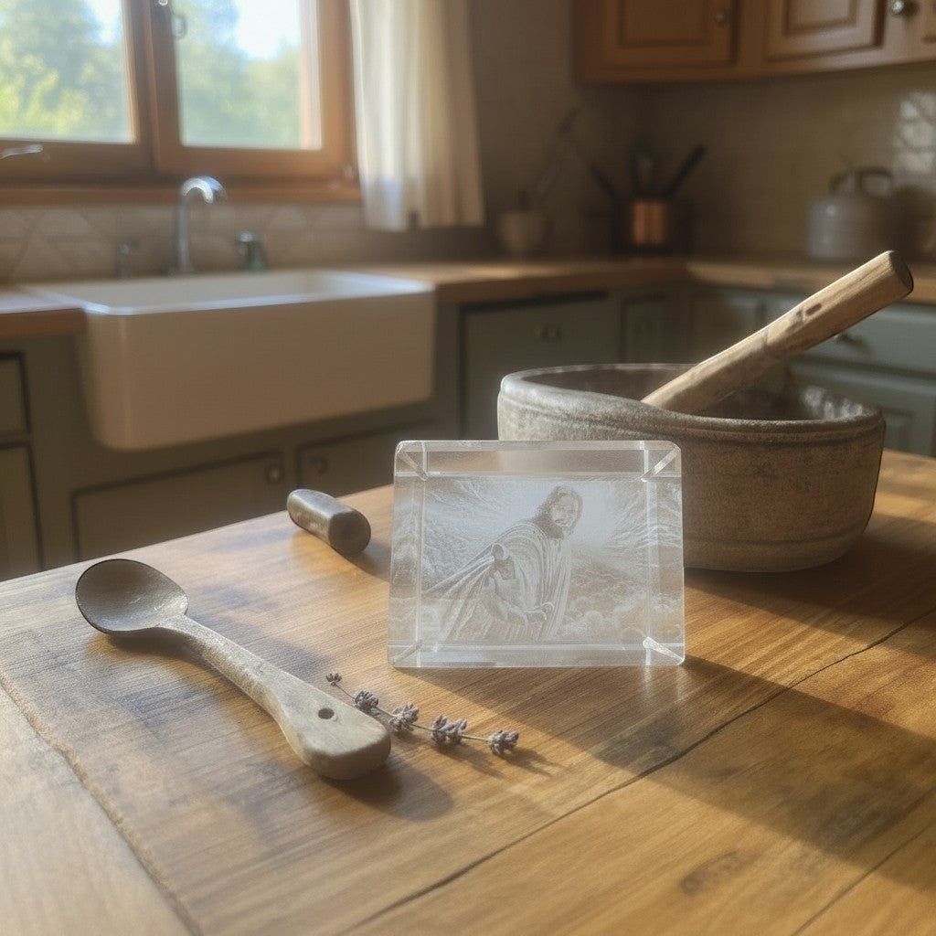 Papa Tee's clear crystal engraving of Jesus reaching out, set on a wooden table with rustic kitchen background.
