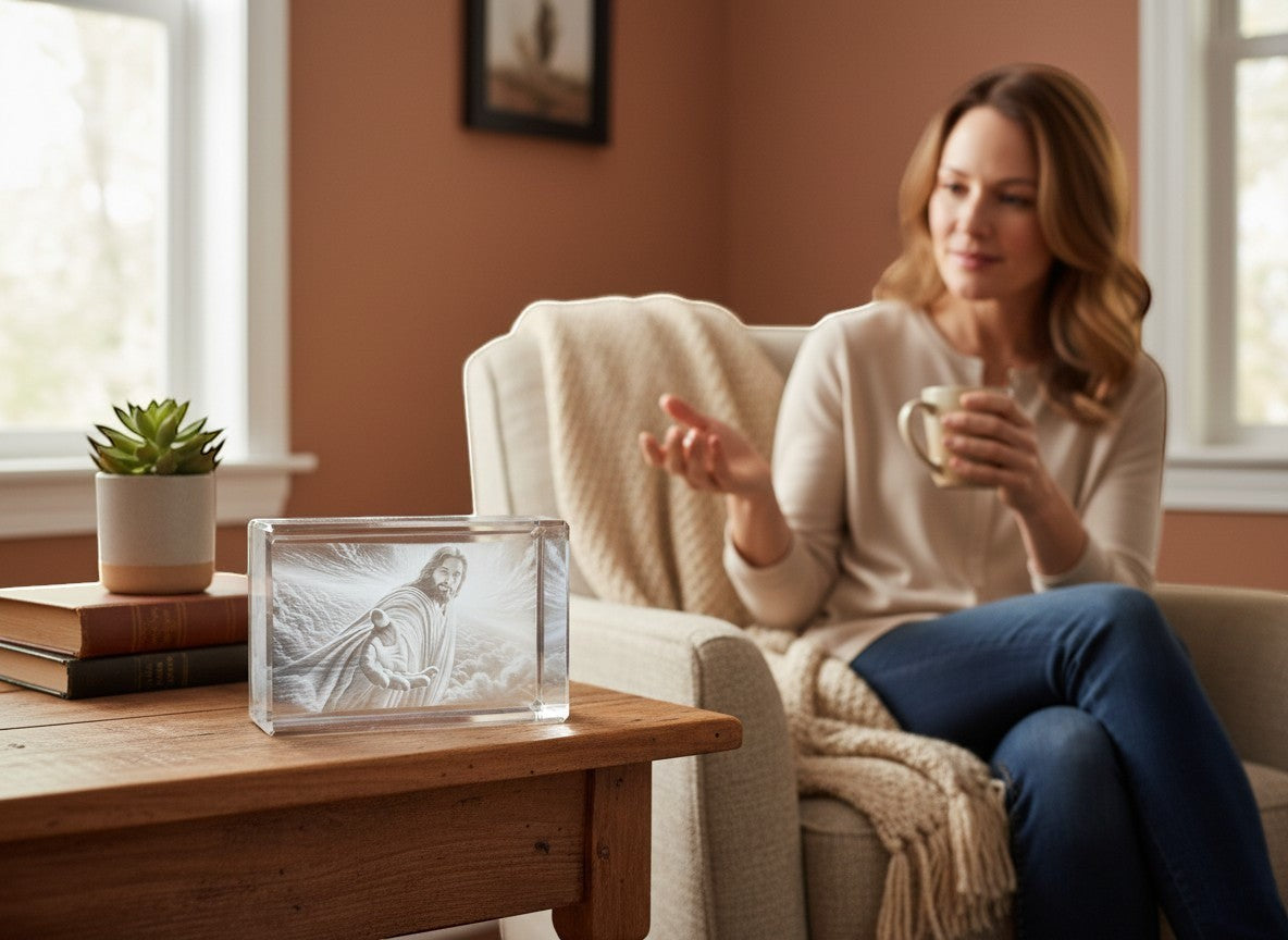Papa Tee's 3D crystal engraving of Jesus reaching out, set on a wooden table with a woman in the background.