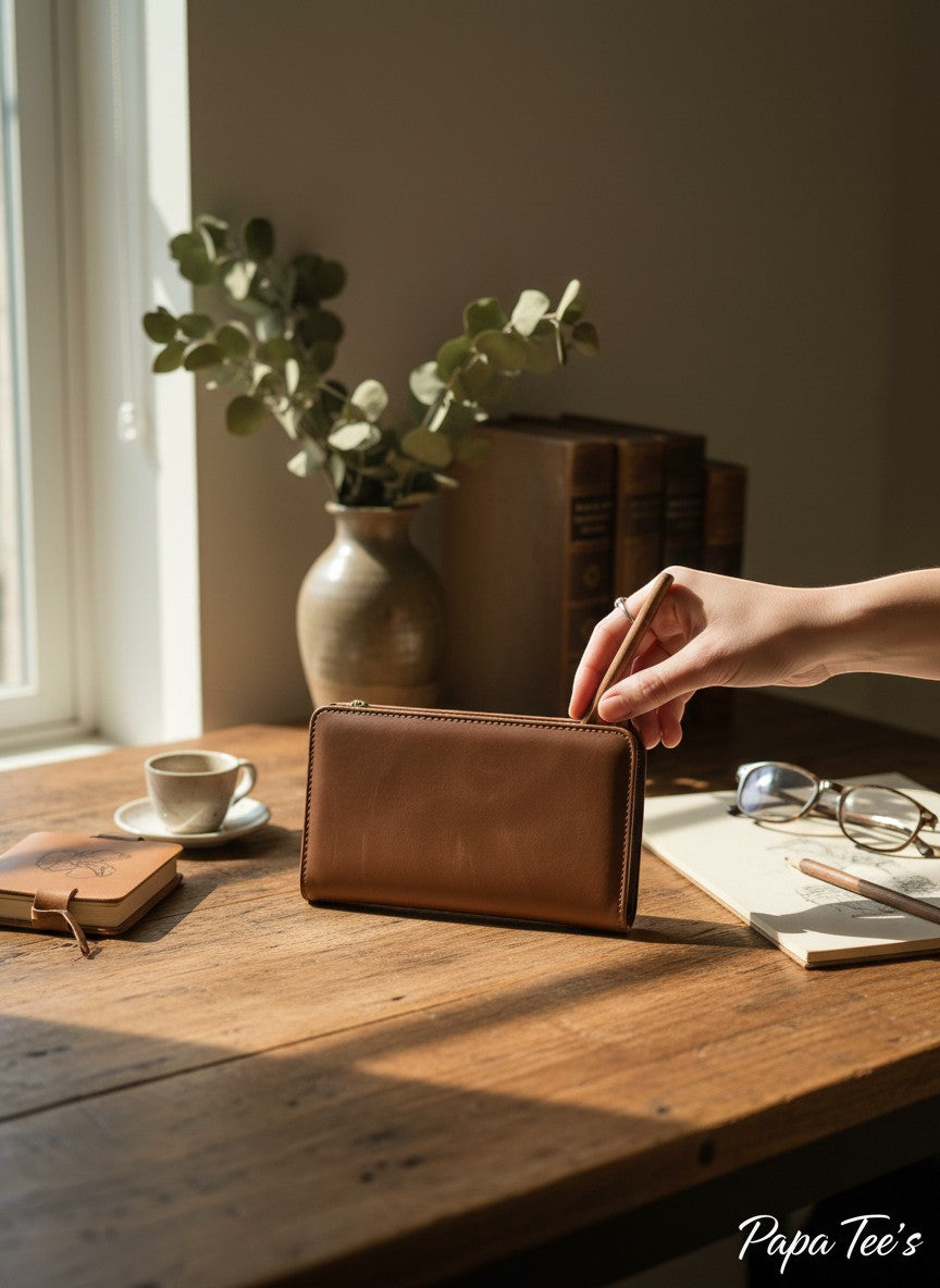 Papa Tee's warm brown genuine leather journal folio with zip closure and meticulous stitching.