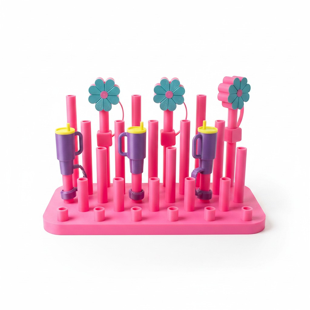 Papa Tee's pink baby bottle drying rack with purple cups and teal flower accents. BPA-free plastic.
