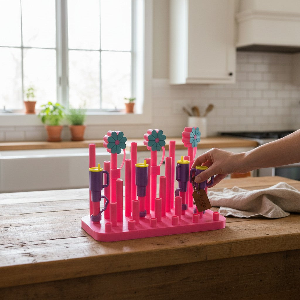Papa Tee's pink baby bottle drying rack with purple cups and teal flower accents. Holds bottles and accessories.