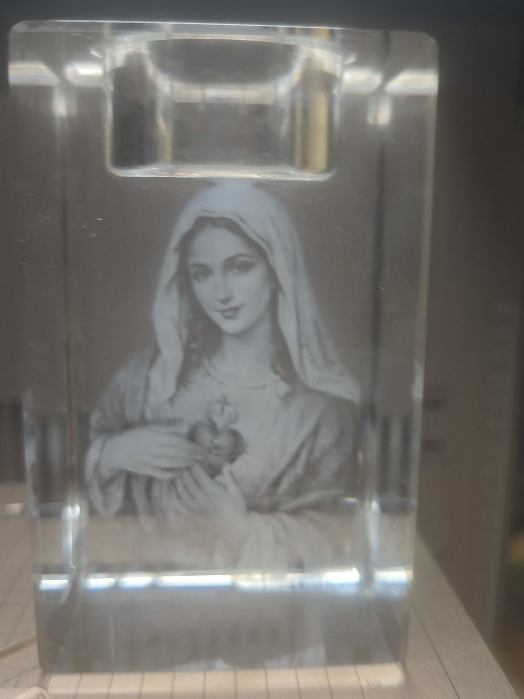 Papa Tee's clear crystal votive holder with engraved image of the Immaculate Heart of Mary.