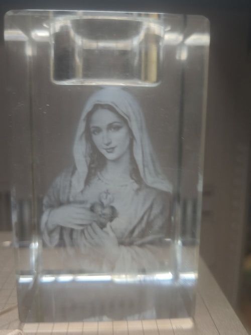 Papa Tee's clear crystal votive holder with engraved image of the Immaculate Heart of Mary.