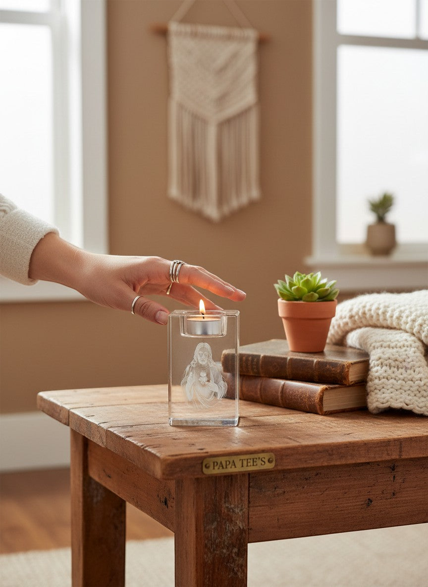 Papa Tee's crystal candle holder with 3D laser-engraved Sacred Heart of Jesus, holding a lit tealight.