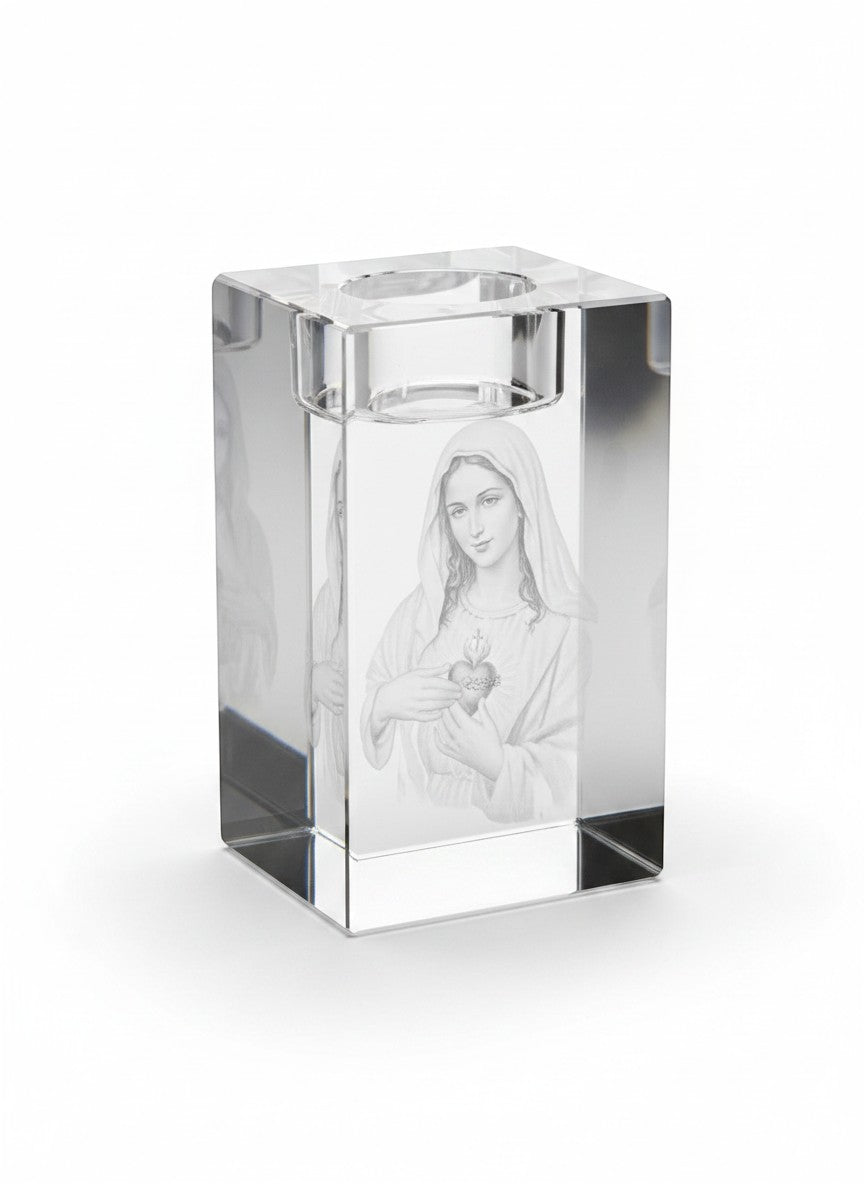 Papa Tee's clear crystal votive holder featuring an etched image of the Sacred Heart of Mary.