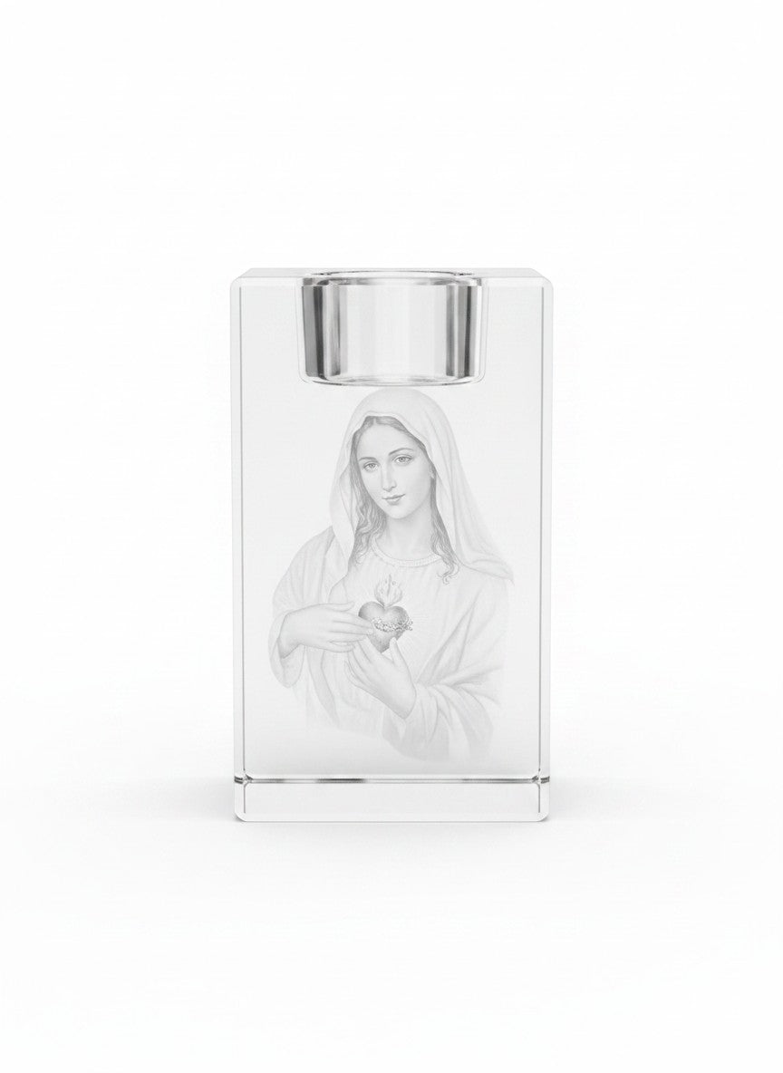 Papa Tee's clear glass votive holder featuring an etched image of the Immaculate Heart of Mary.
