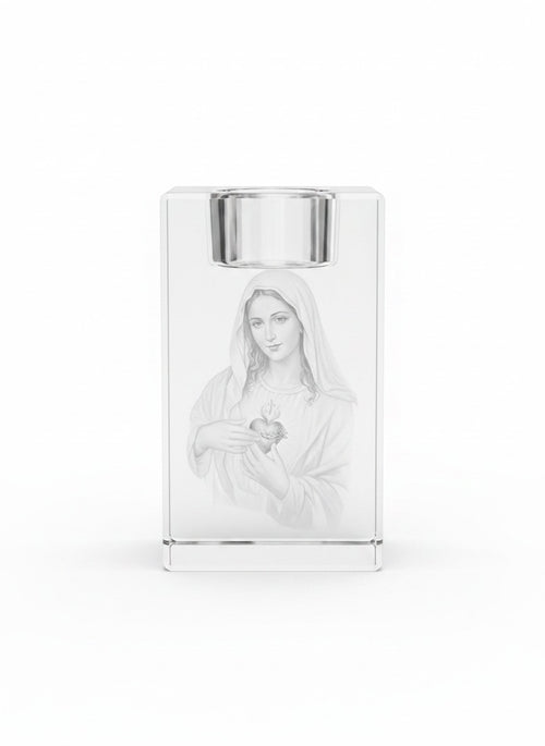 Papa Tee's clear glass votive holder featuring an etched image of the Immaculate Heart of Mary.